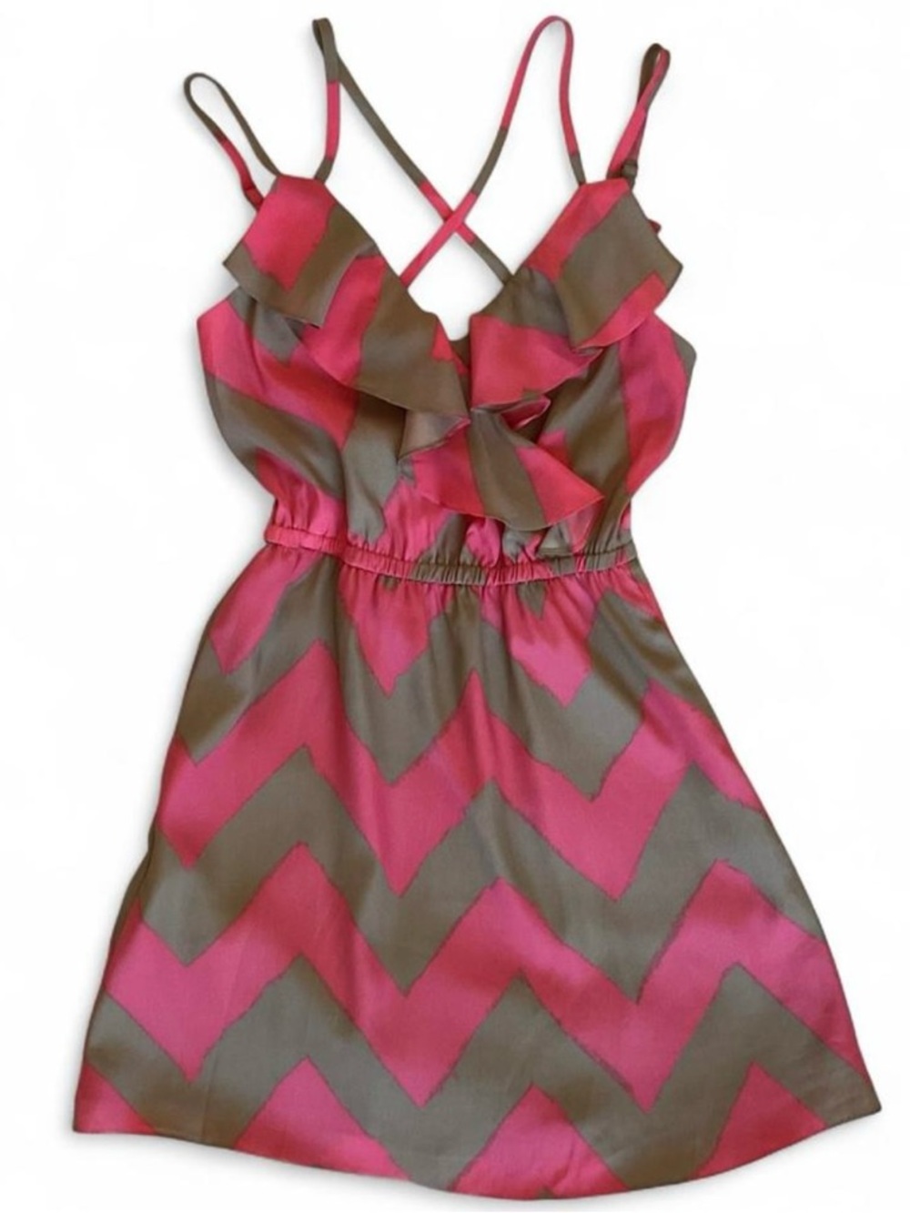 BCBGENERATION Pink & Tan Chevron Stripe Ruffle Sundress